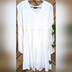 NWT White V Neck Long Sleeve Smocked High Waist Ruffle A Line Tiered Mini Dress